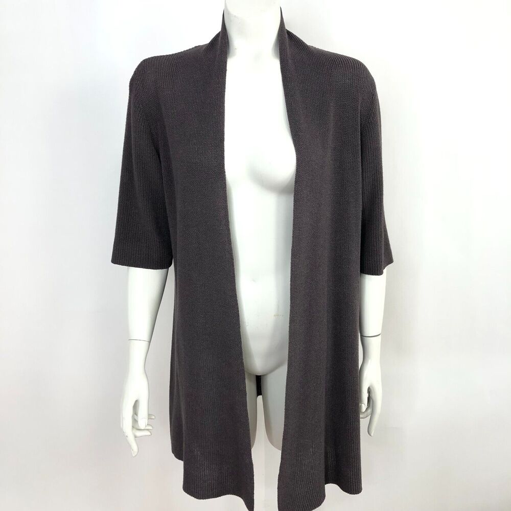 Eileen Fisher Large Cotton Viscose Knit Silk Cover Up V-Neck Sweater Brown